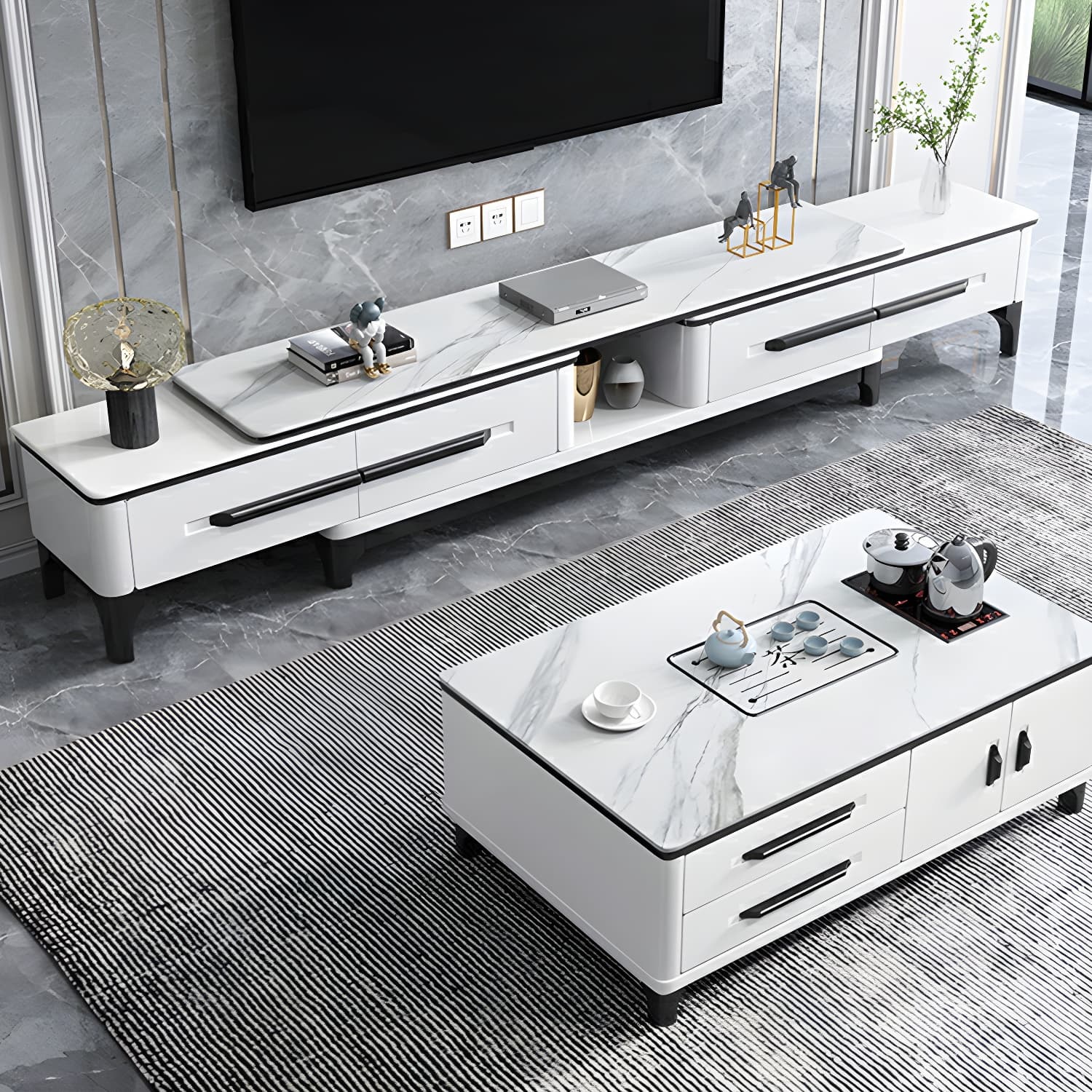 Modern Stone TV Stand with Long Length, Open Storage and Drawers featuring Wood Shelves - image 7