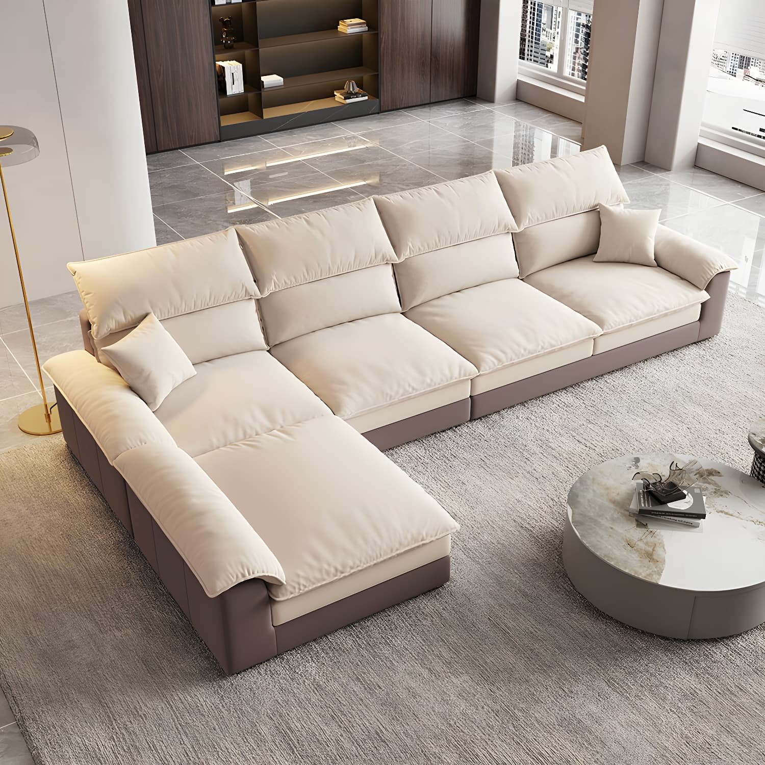 Beige ModernWood Sectional with Pillow Top Arm and Cushion Back