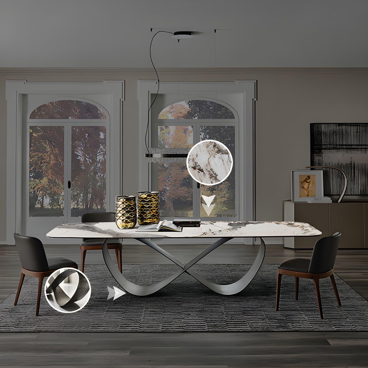 Stone Top Dining Table Industrial Rectangle Table with Pedestal Base - image 6