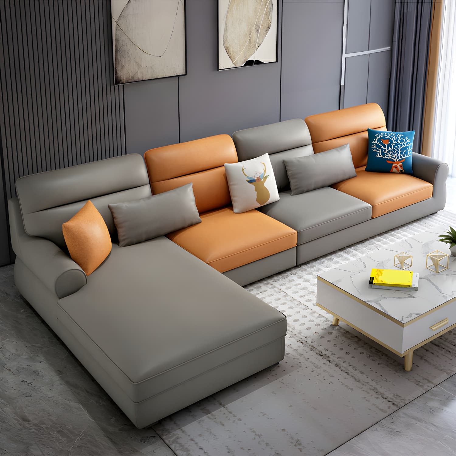 Large Modern L-Shape Stationary Wood Sectional Sofa with Round Arm and Cushion Back - image 8
