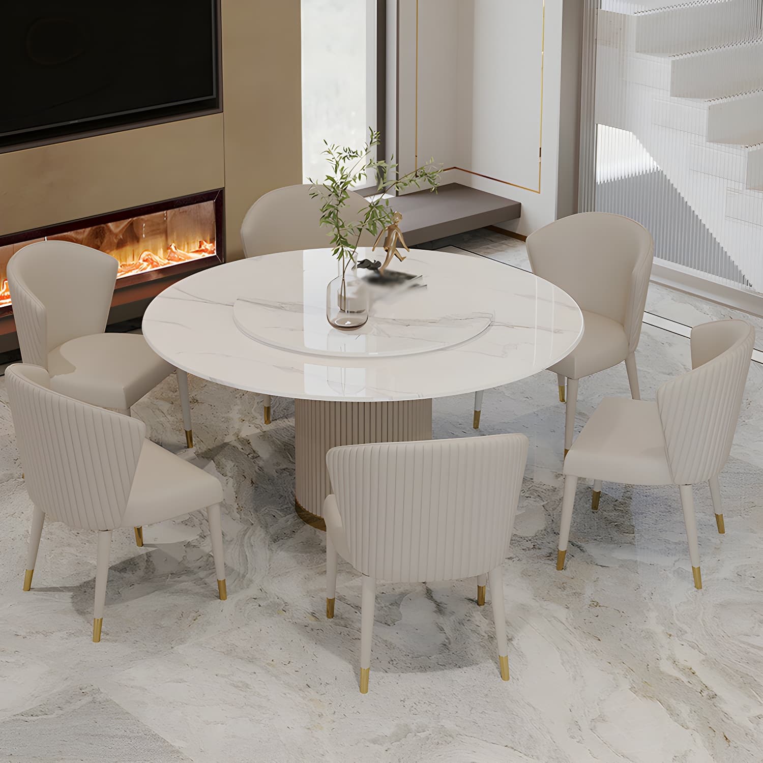 Modern 1/4/5/7 Pieces Round Dining Set Sintered Stone Dining Table Set with Leather Chairs - image 10