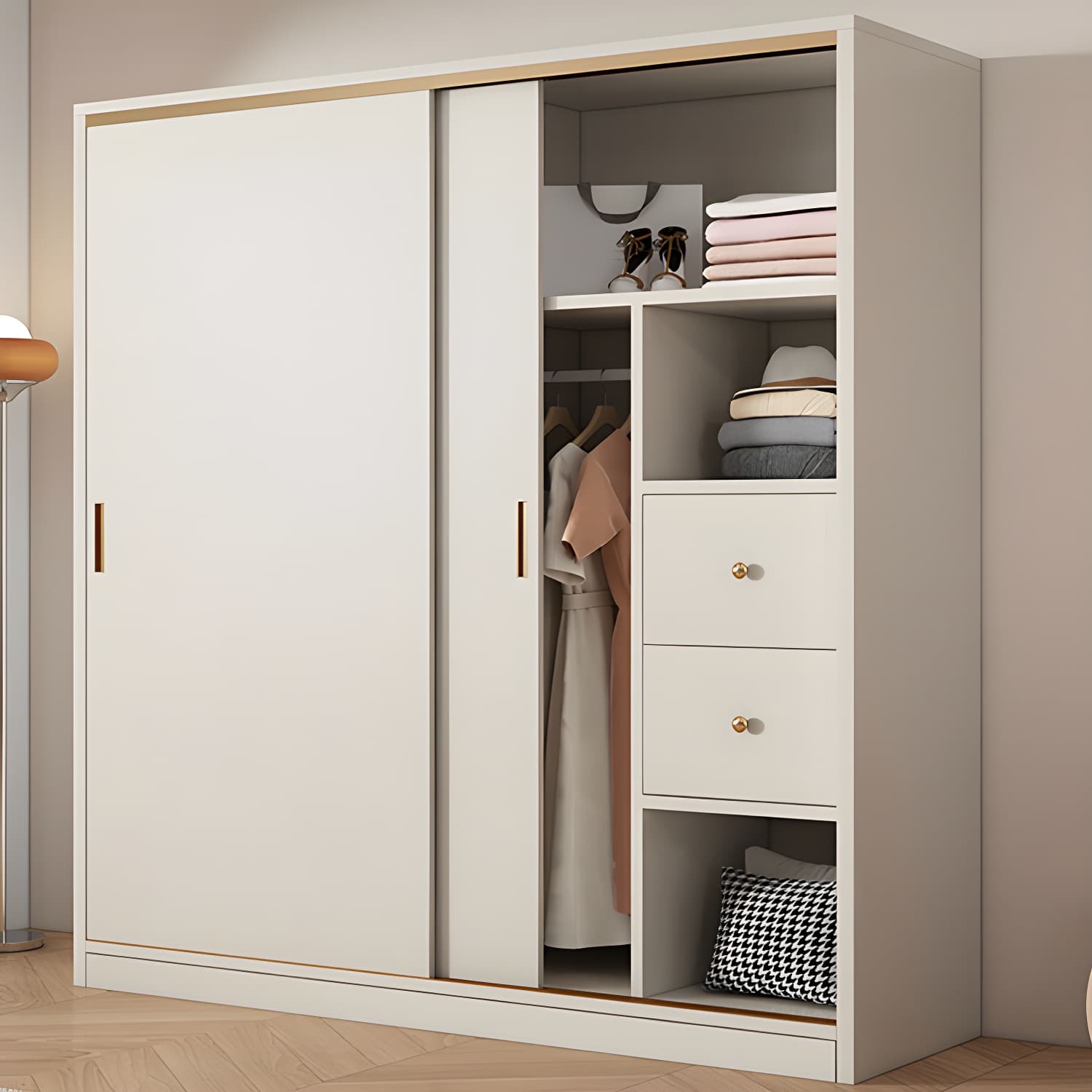 Modern White Wood Wardrobe Armoire with Sliding Doors and Soft Close Drawers