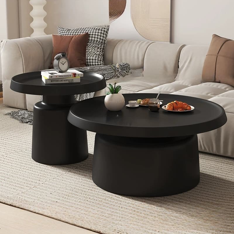 Modern Pedestal Non-Upholstered Round Nesting Coffee Tables Metal Top and Base