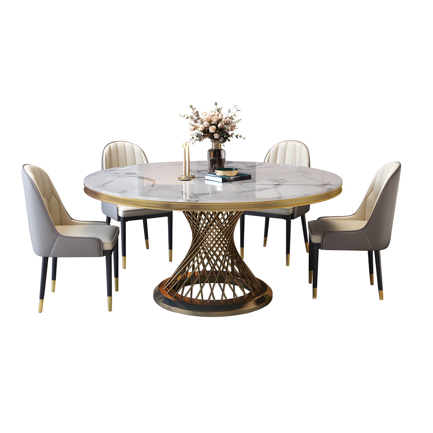 Glam Round Marble Dining Set with Gold Metal Pedestal Base - Fixed Table in White - image 10