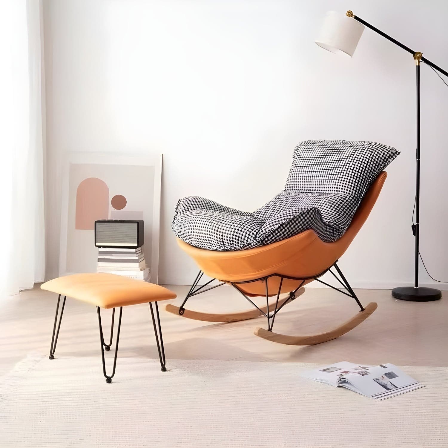 Modern Glider Chair Solid Pure Color Faux Leather Rocker Chair with Ottoman - image 7