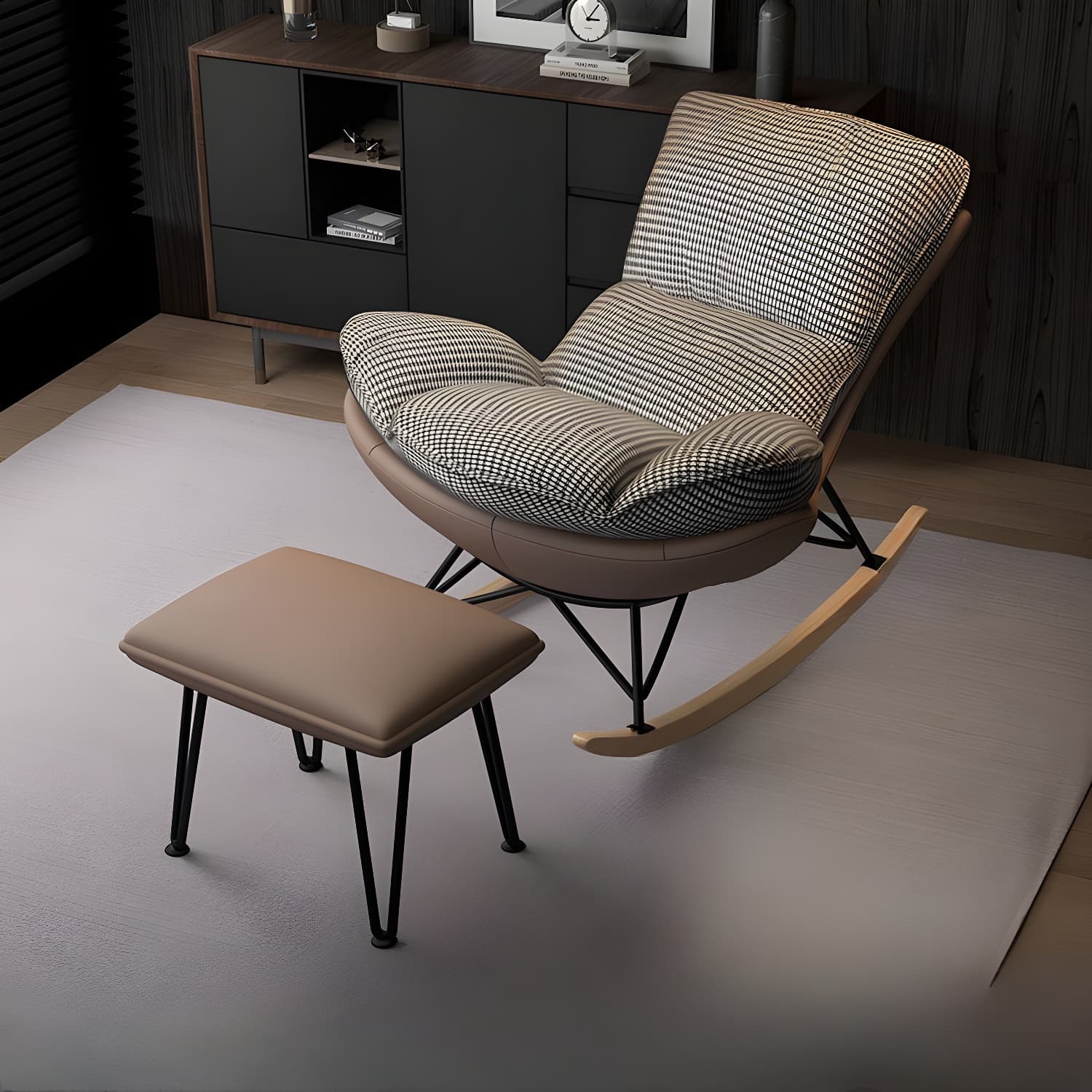 Stylish Upholstered Indoor Rocking Chair with Natural Wood Legs