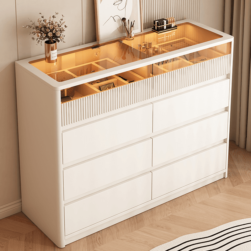 Chalk Art Deco Timber Console Dresser/Bachelor Chest with 6/8/3 Drawers, Horizontal/Vertical Orientation, LED Lights