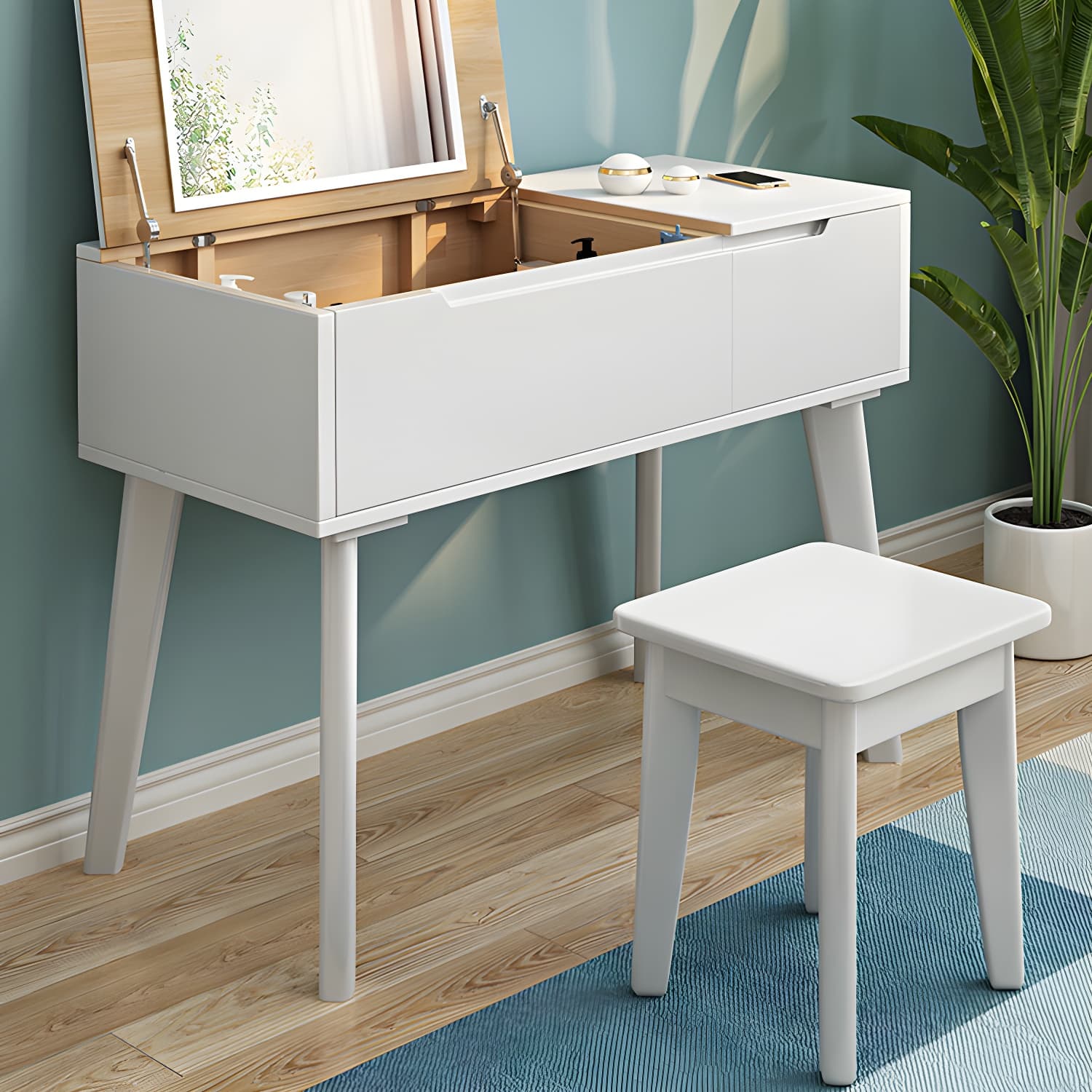 Scandinavian 29.52" Height Solid Wood Table Makeup Vanity with Mirror - image 7