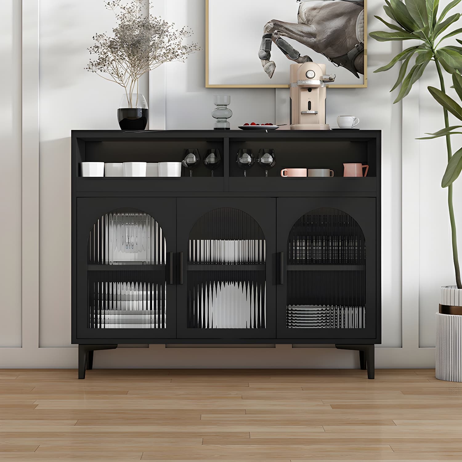 Modern Wood Buffet Sideboard with Stone Countertop and Glass Doors - image 4