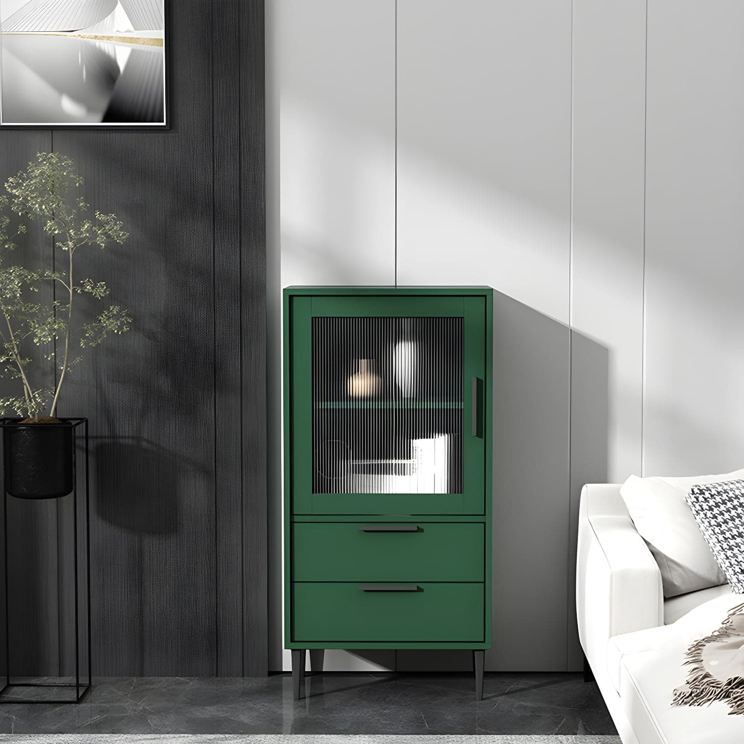 Contemporary Wooden Accent Cabinet with Glass Door and 2 Drawers