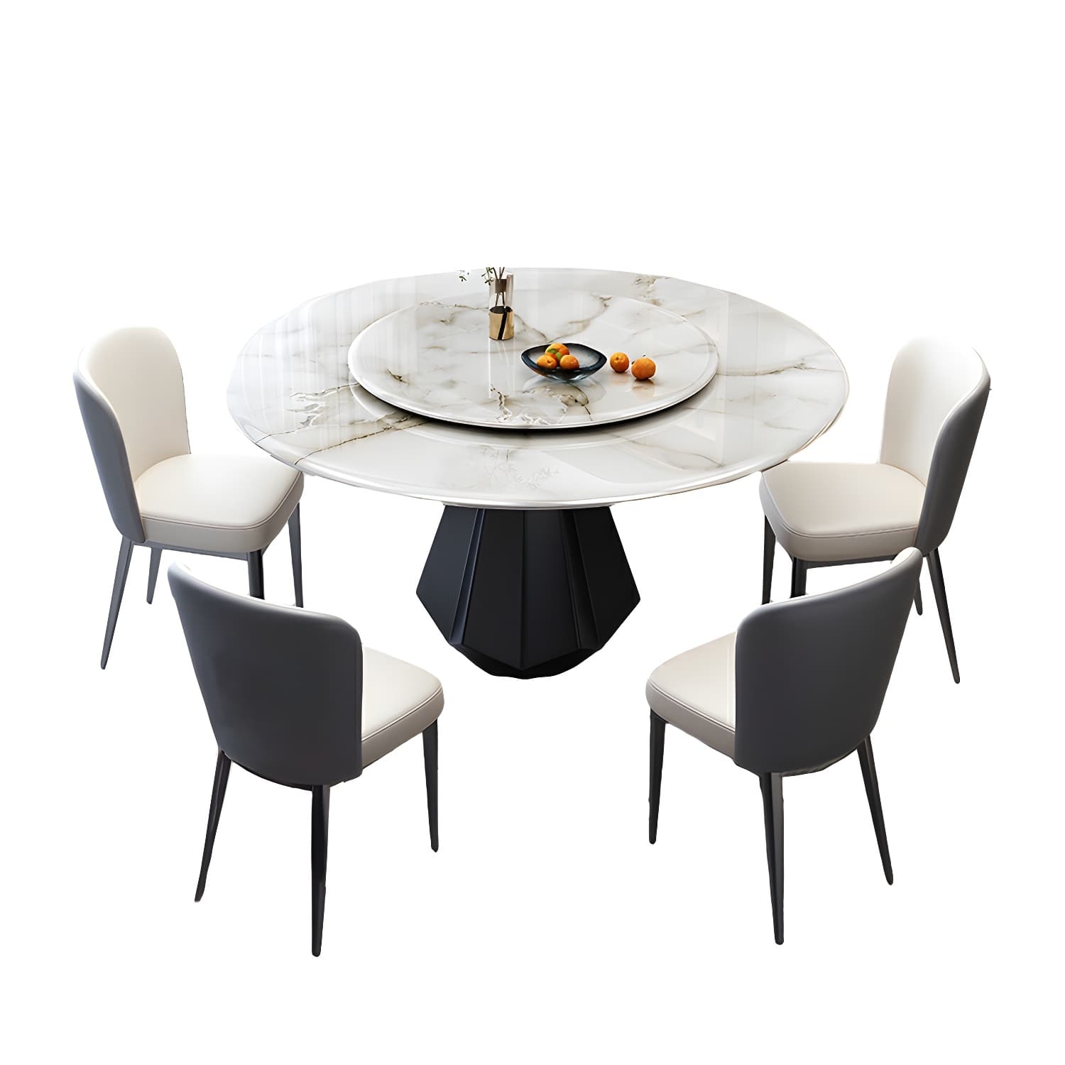 Modern Round Marble Dining Table Set with Black Metal Base in Beige - image 10