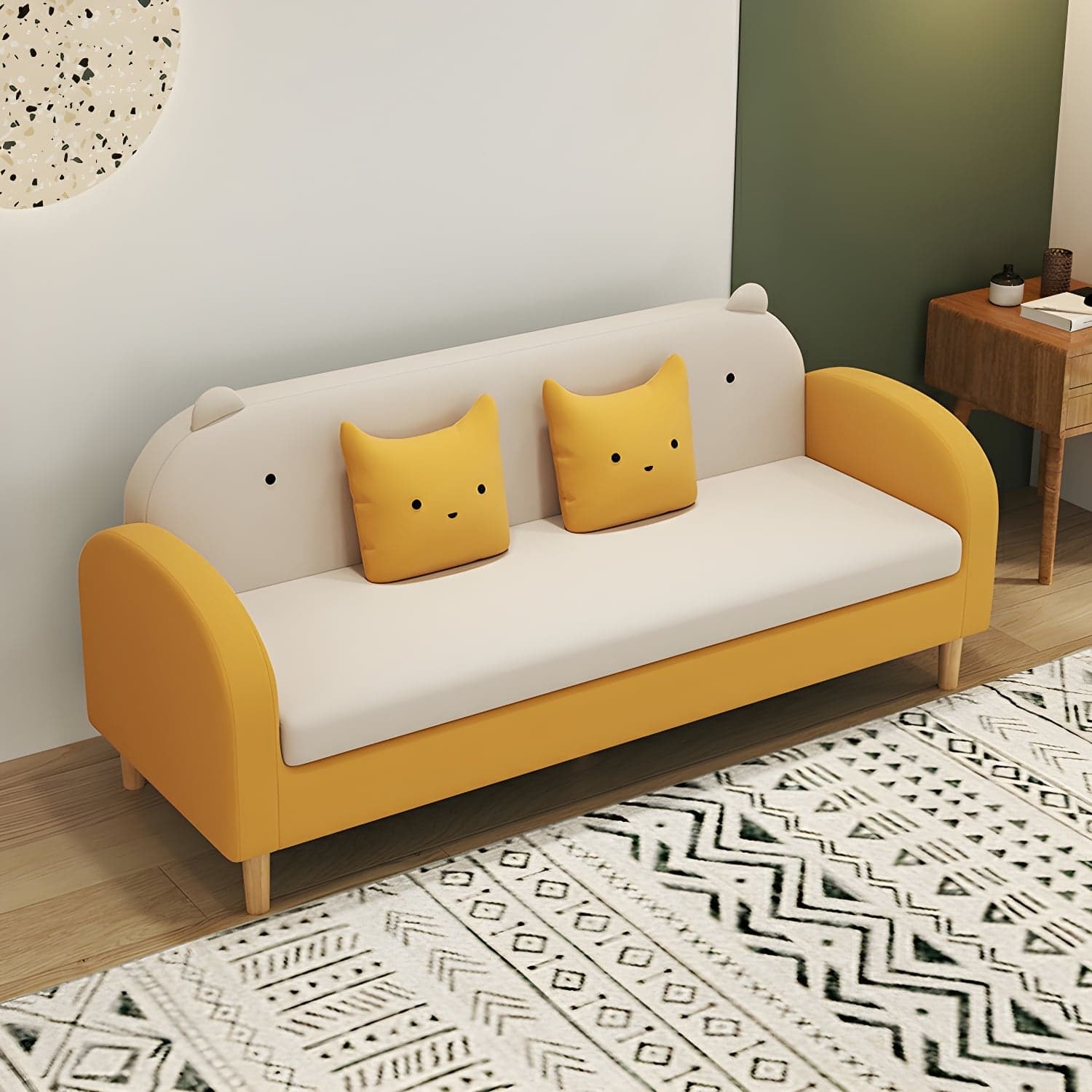 Art Deco Natural Wood Finish Framed Sofa Couch with Recessed Arm, Slipcover and 2 Pillows - image 22