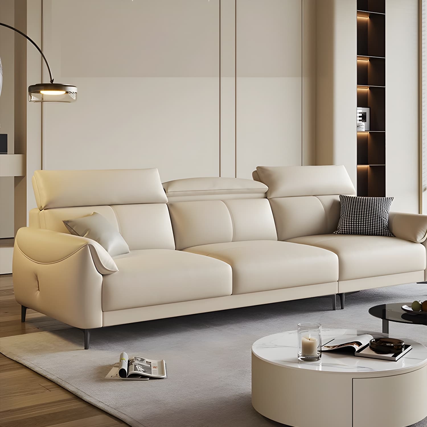 Modern Beige Genuine Leather Sectional Sofa with Adjustable Headrest - image 8