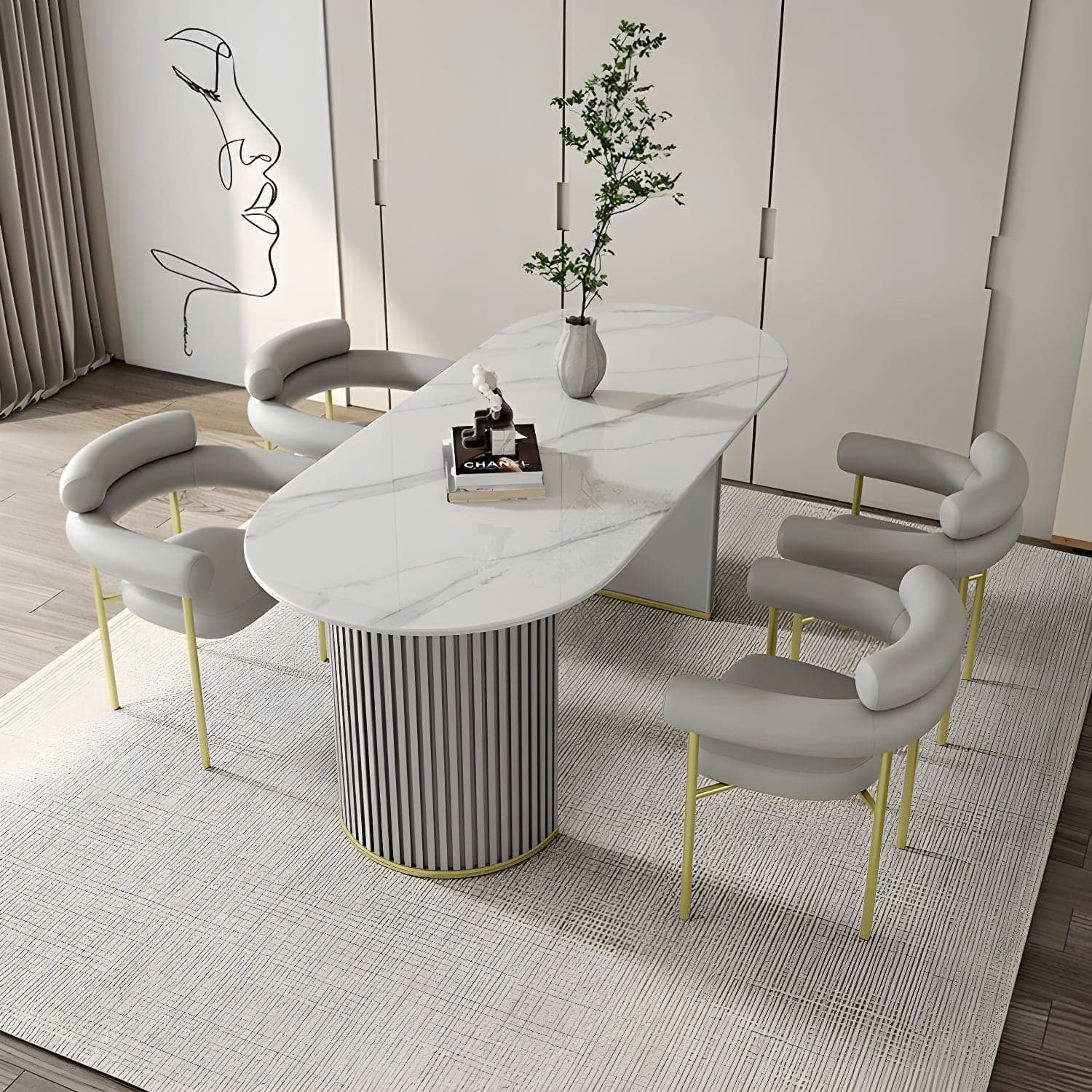White Stone Top Oval Dining Table with Metal Legs for Dining Room - image 3