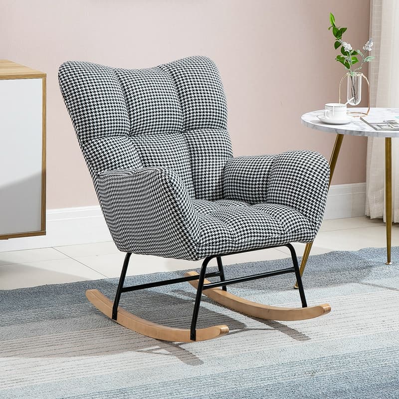 Cotton Cushioned Seat & Back Stationary Rocking Reading Chair with Flared Arm, Footstool, Wing Back & Light Wood Legs - image 8