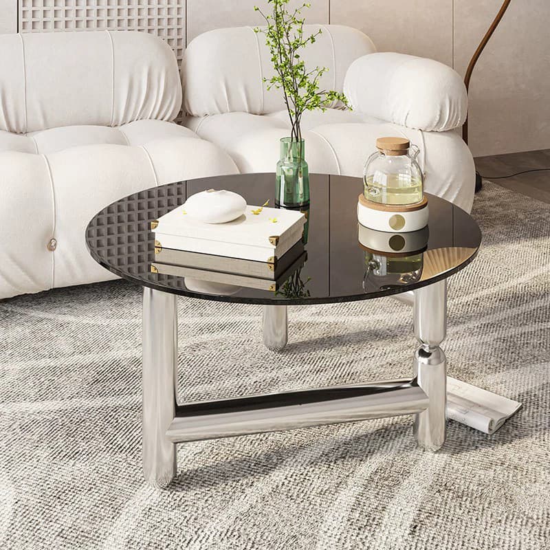 Sleek Silver Stainless Steel Coffee Table with Tempered Glass Top