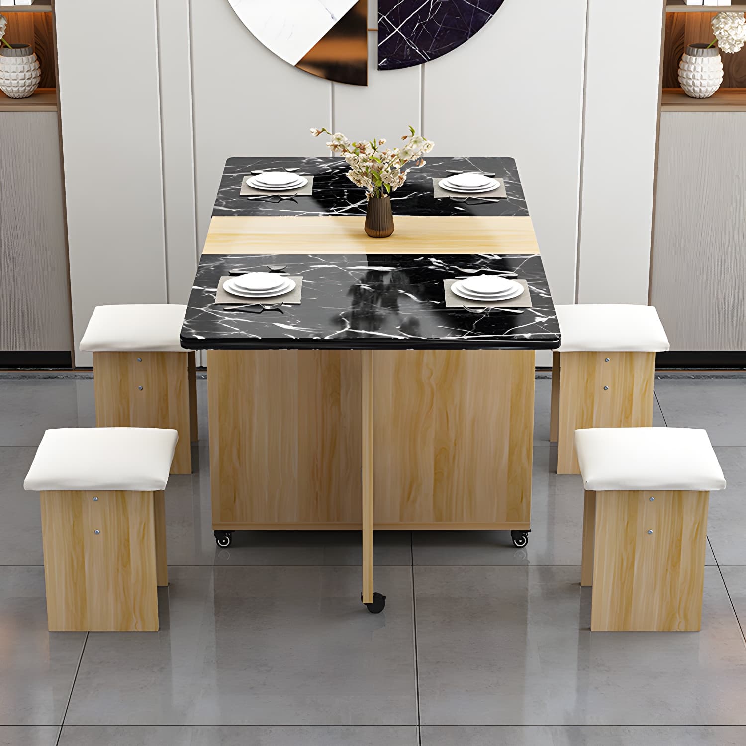 5-Piece Modern Wood Dining Set with Rectangle Table and White Backless Stools - image 11
