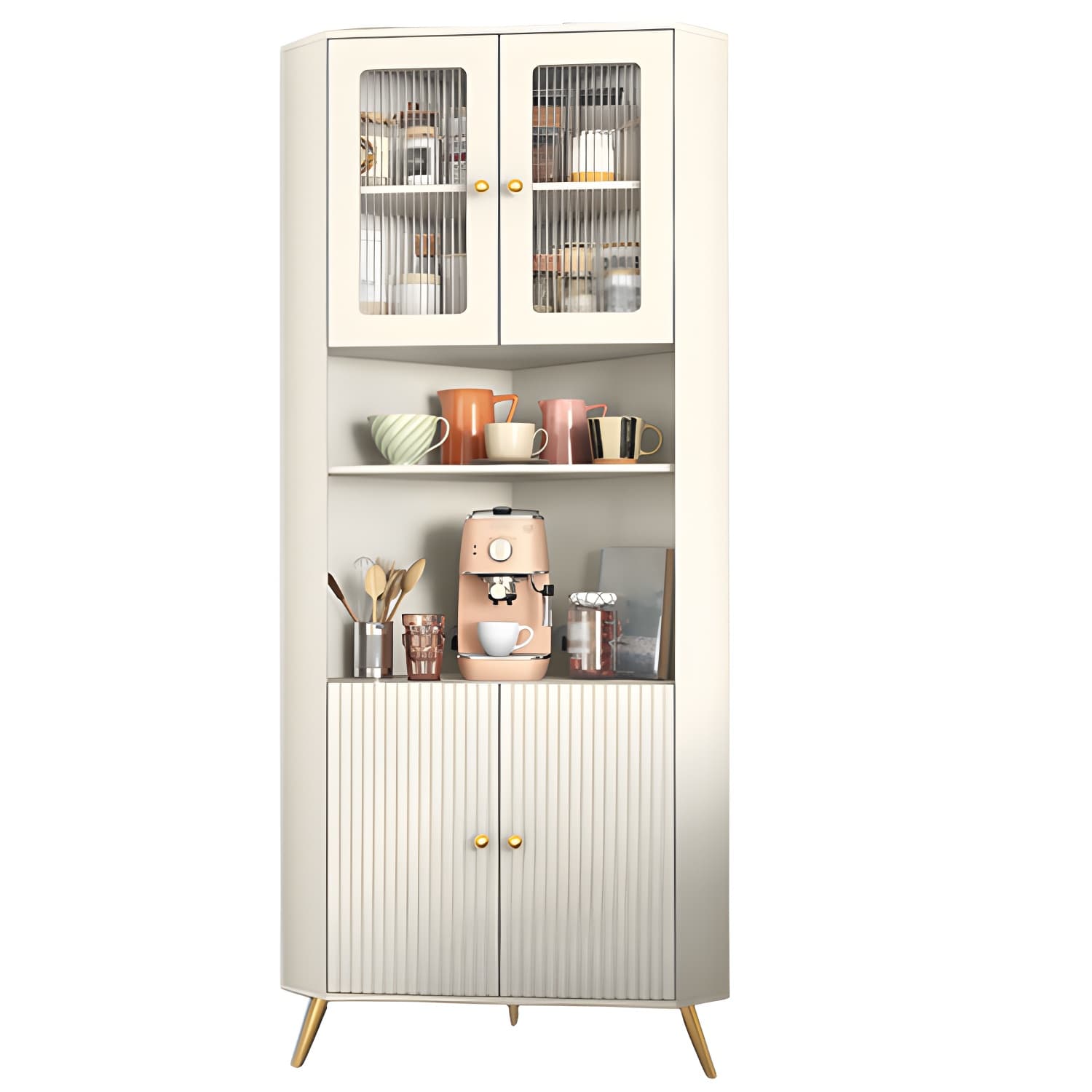 Modern Corner Accent Cabinet with White Wood Countertop, Glass Doors, and Gold Metal Base - image 10