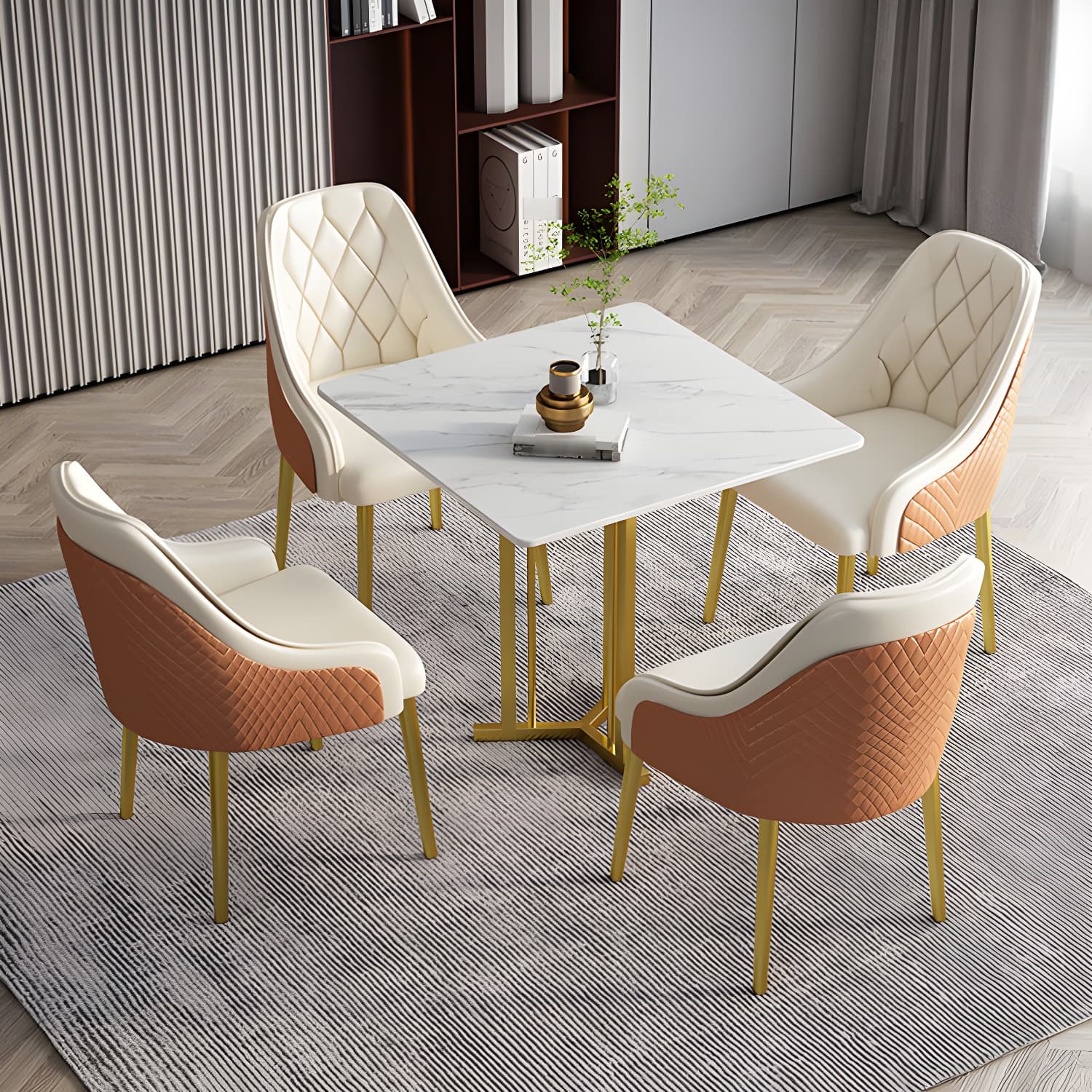 Stone Top Dining Table Contemporary Dining Table with Gold Pedestal Base