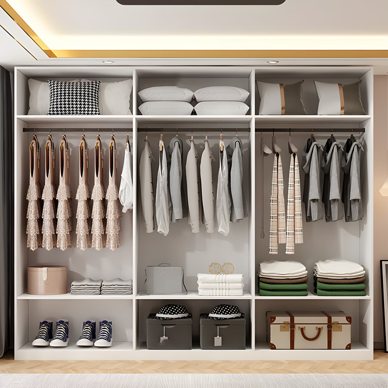 Modern Solid Color Shelves Hinged Doors Cloth Rod Included Cabinet in Beige - image 11