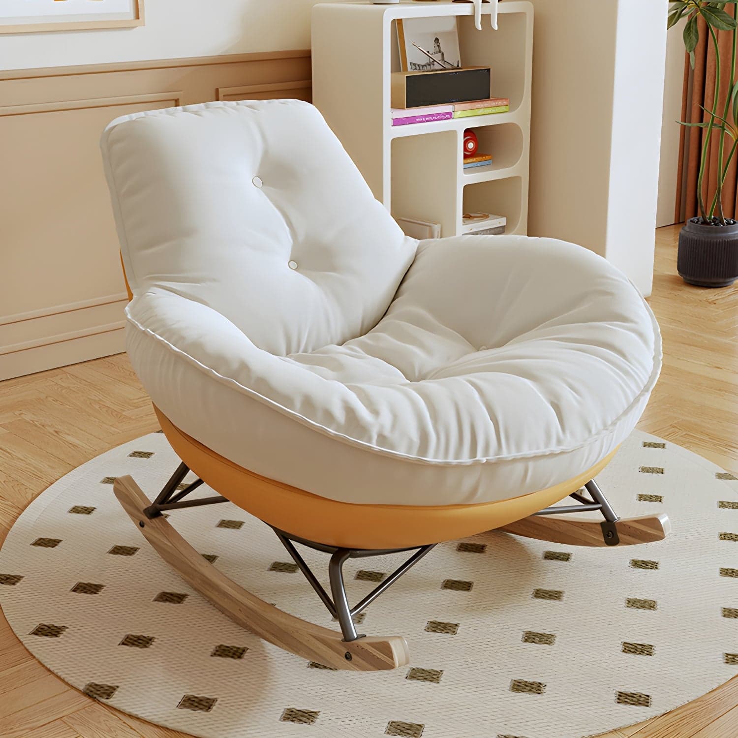 Indoor Contemporary Rocking Chair with Beige Upholstered and Wood Legs - image 4