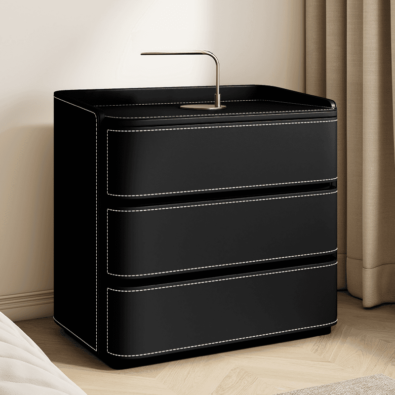 Contemporary 3 Tiers Genuine Leather Drawer Storage Bedside Table
