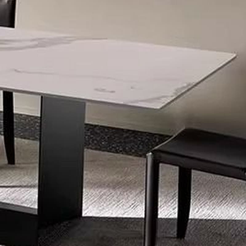 Modern Rectangle Stone Top Dining Table with Sleek Black Steel Trestle Base - image 13