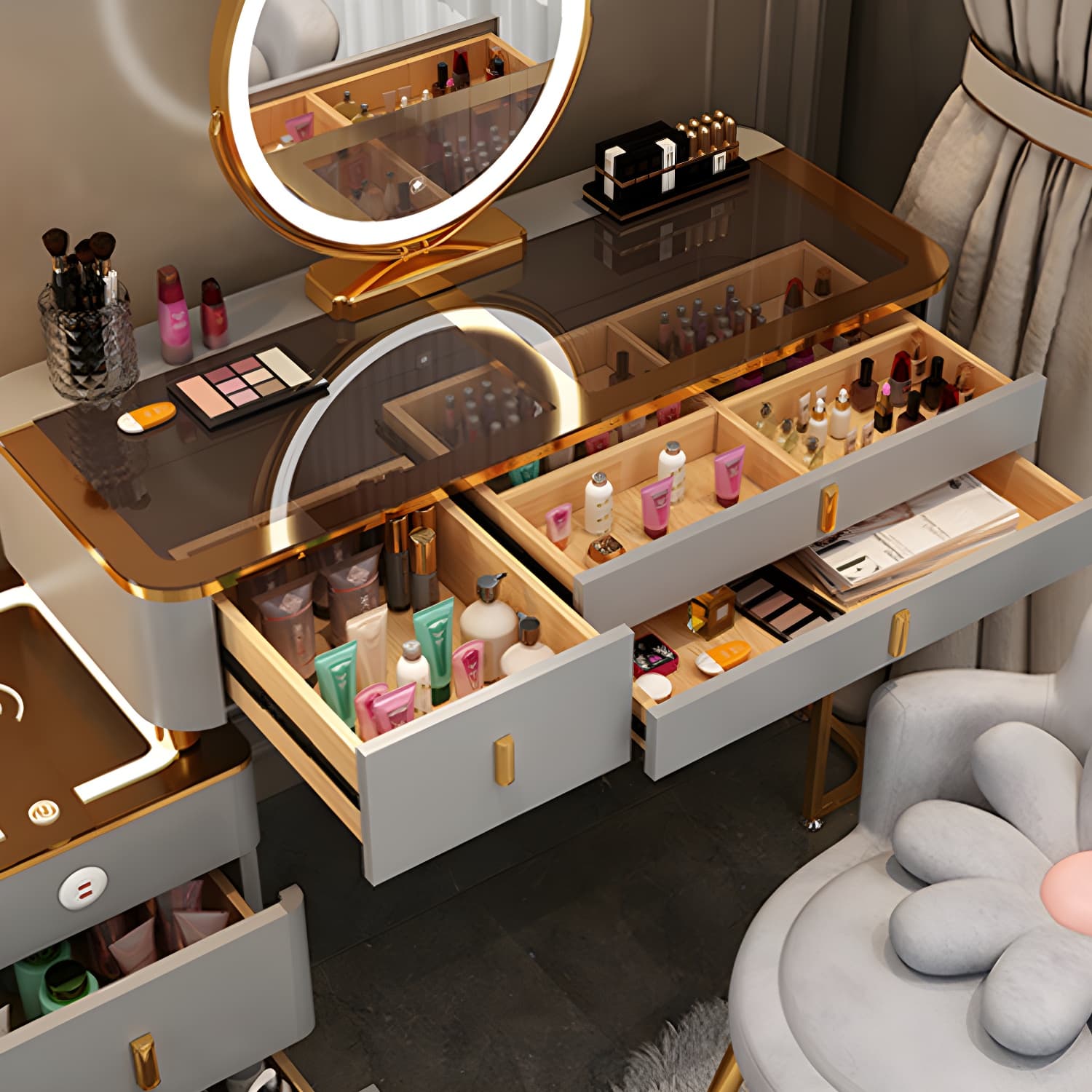 Glam Glass Top Mirrored Vanity Desk and Stool Set with 5 Drawers - image 13