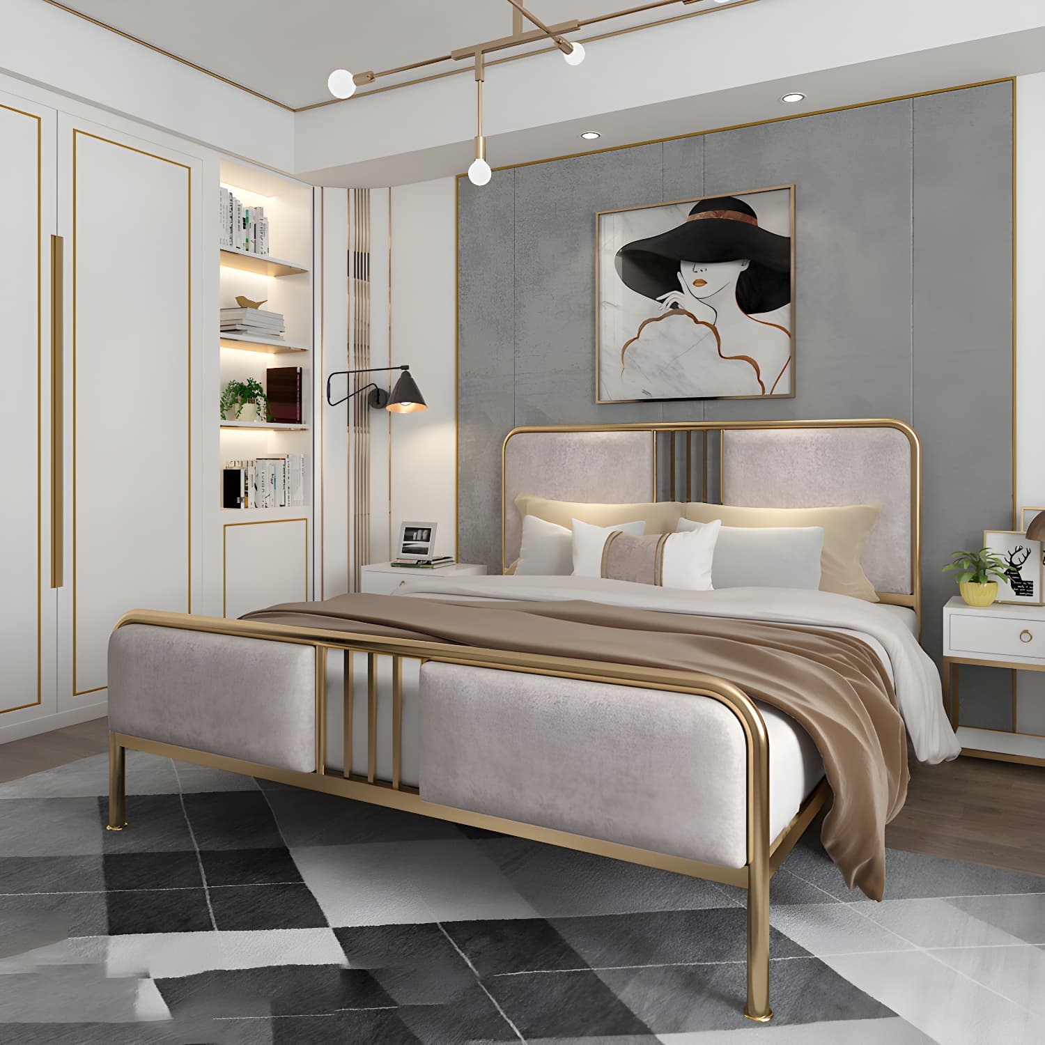 Glam Metallic Open-Frame Bed with Fabric Upholstered Headboard - image 5