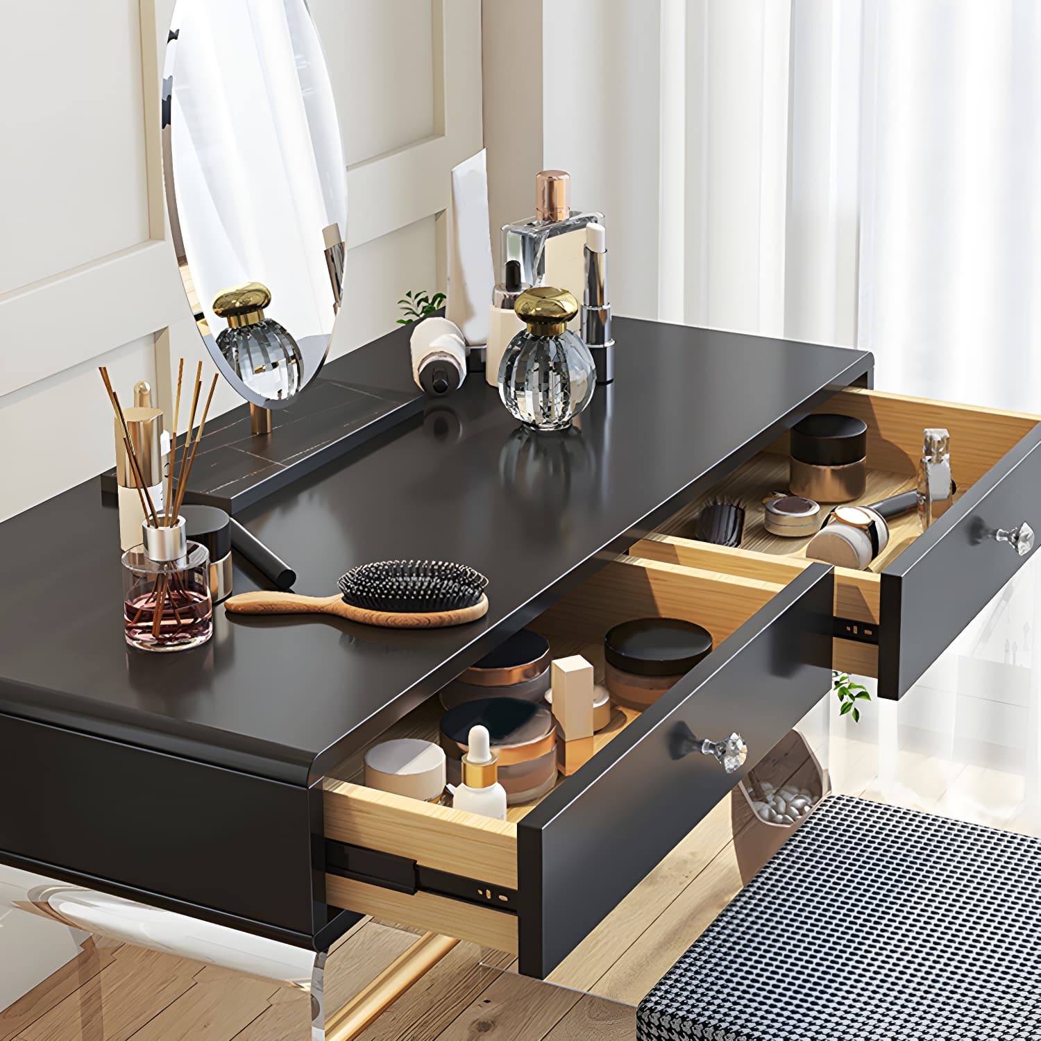2 Drawers Clear Acrylic Makeup Table Contemporary 17.72" D Vanity Set with Stool & Mirror - image 11