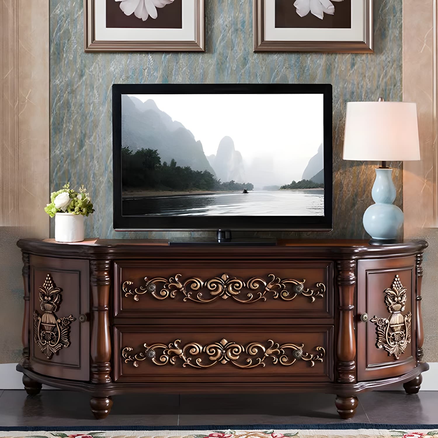 Traditional Birch Wood Media Console Matte Finish TV Media Stand with Drawers - image 4