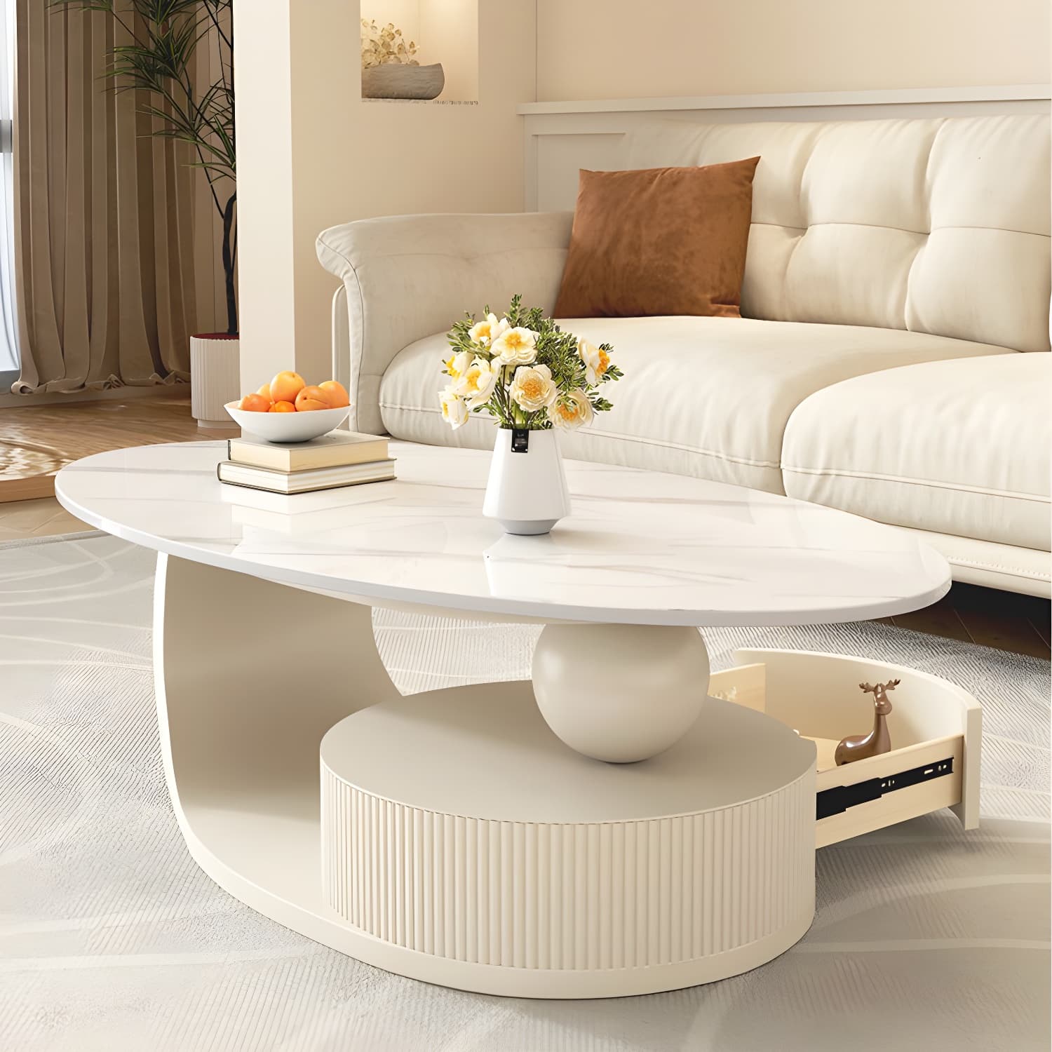 Oval White Stone Modern Coffee Table with Metal Abstract Base - image 4