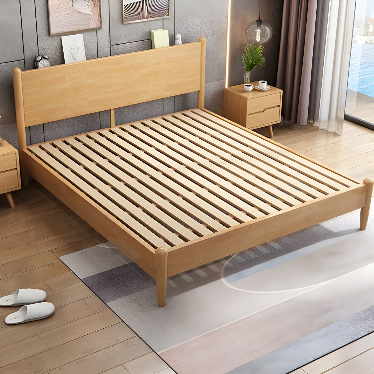 Northern European Solid Wood Bed Frame Mattress Included Panel Bed with Headboard - image 3