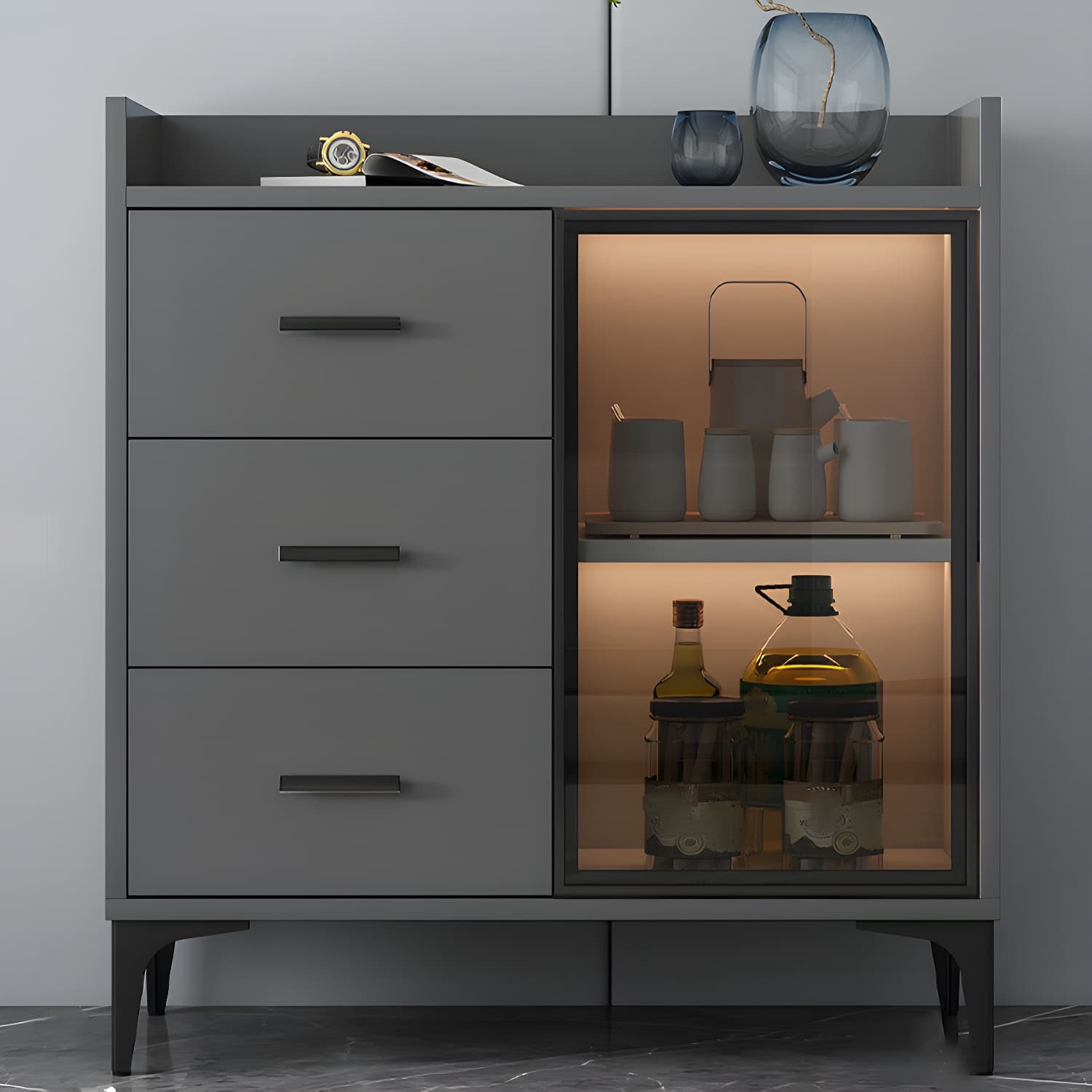 Wood Glass Doors Contemporary Style Buffet Sideboard with Cabinets and Drawers