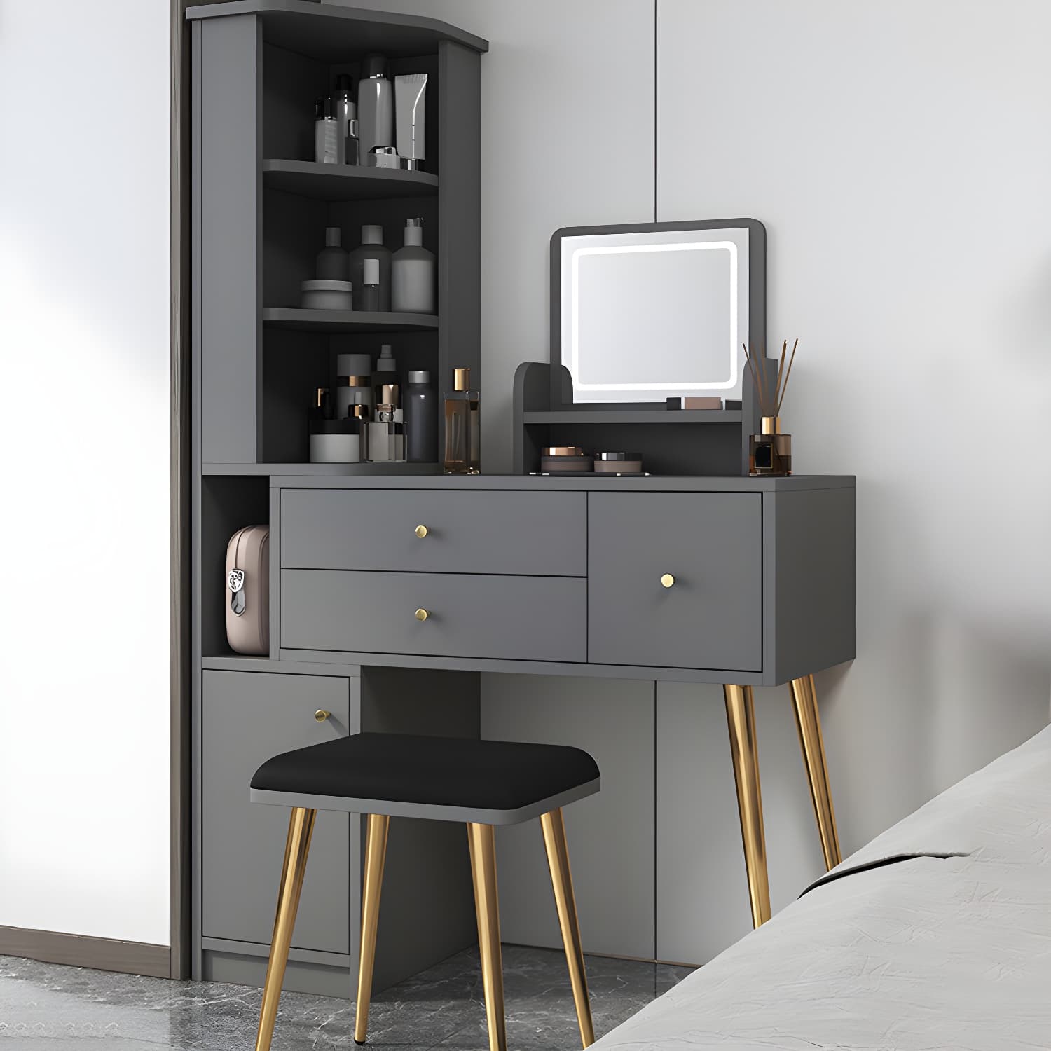 Glam Style Wood-based Material White/grey Dressing Table with Drawers and Storage Shelves - image 5