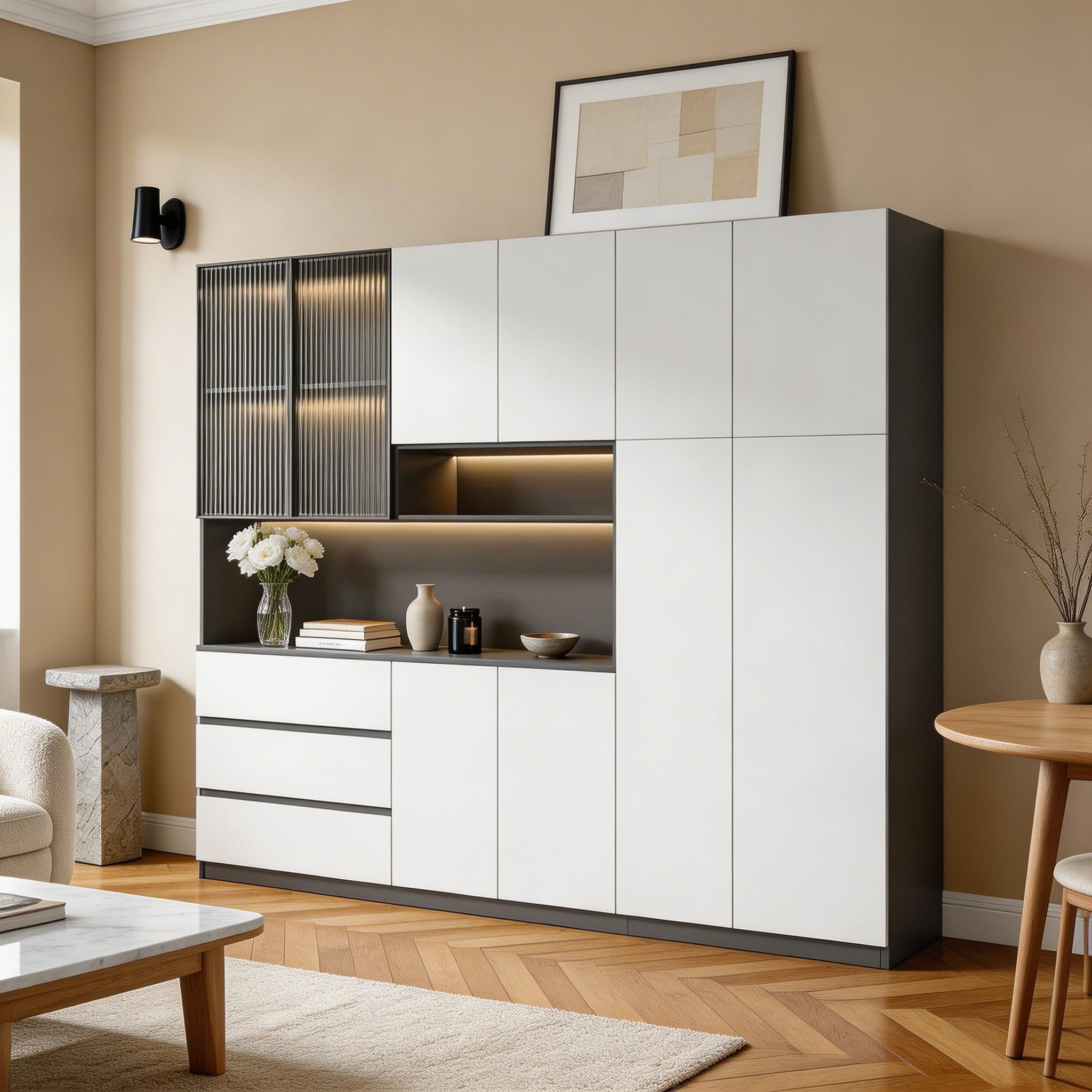 Trendy Sideboard with 3 Drawers, Cupboard, Wide/Standard/Narrow Sizes, 2/1 Shelves, Cabinets, and Glass-panel Door - image 24