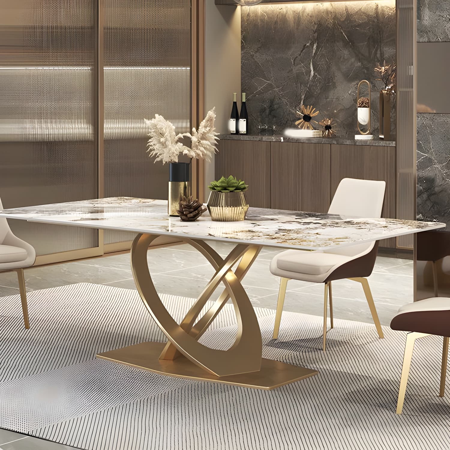 Glossy Beige Dining Table Set 1/2/5/7 Pcs Glam Dinette Set with Leather Chairs - image 7