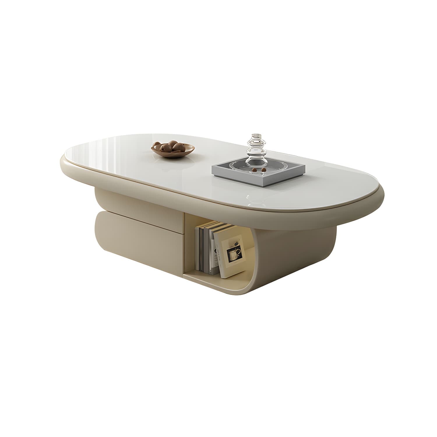 Modern Oval White Coffee Table with Storage, Shelves, and Drawers