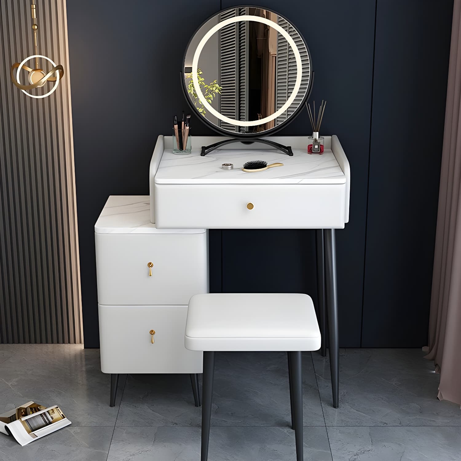 Contemporary Make-up Vanity with Stone Top and Metal Legs for Bedroom - image 4