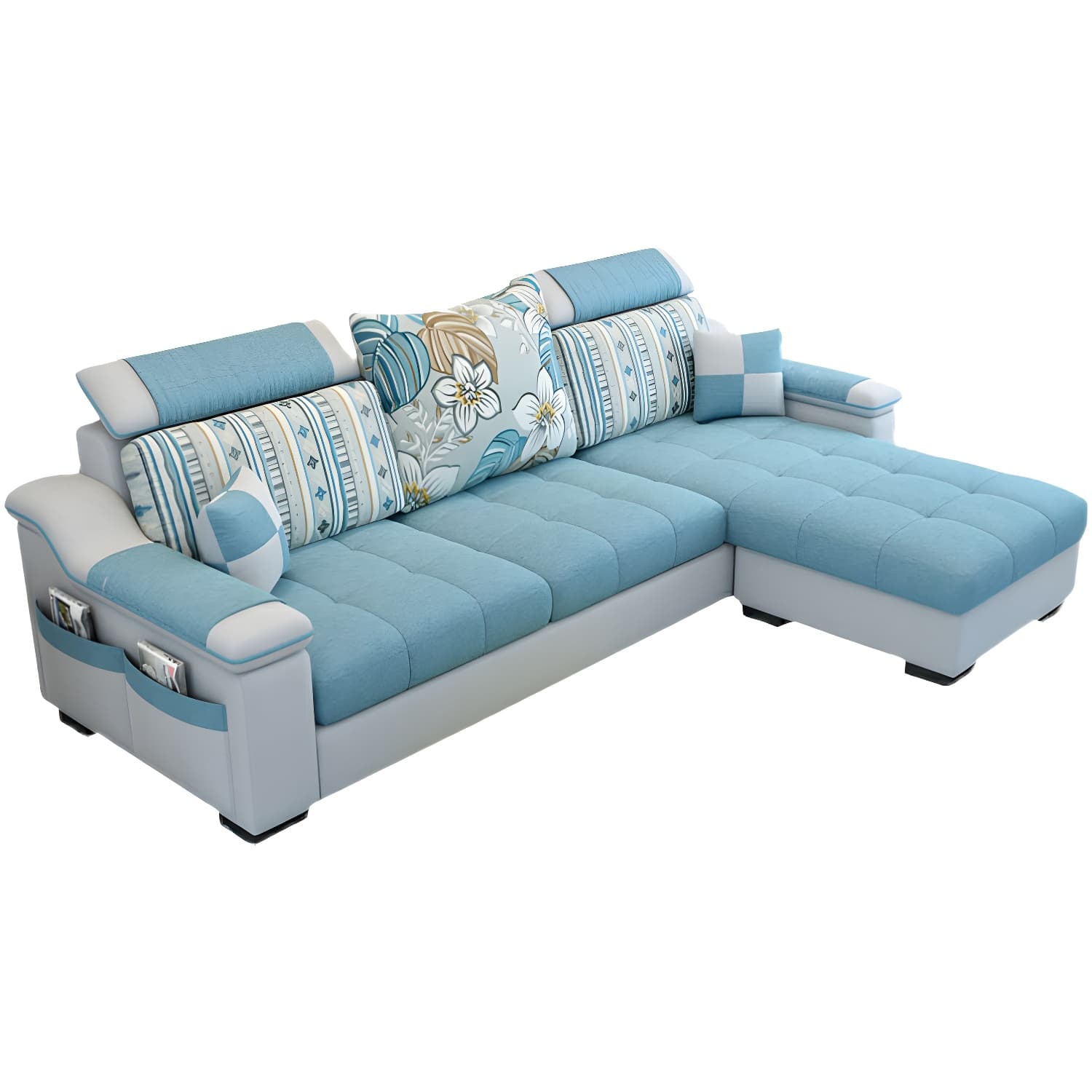 Modern Reversible Straight Sectional Sofa with Ottoman in Linen Upholstery, Sloped Arms - image 15