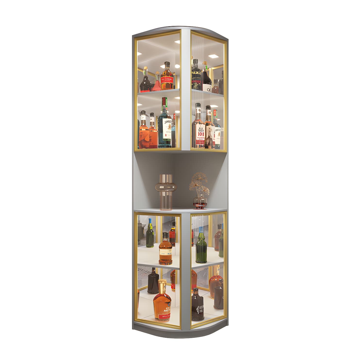 Modern Gray Corner Accent Cabinet with Glass Doors and 2 Shelves
