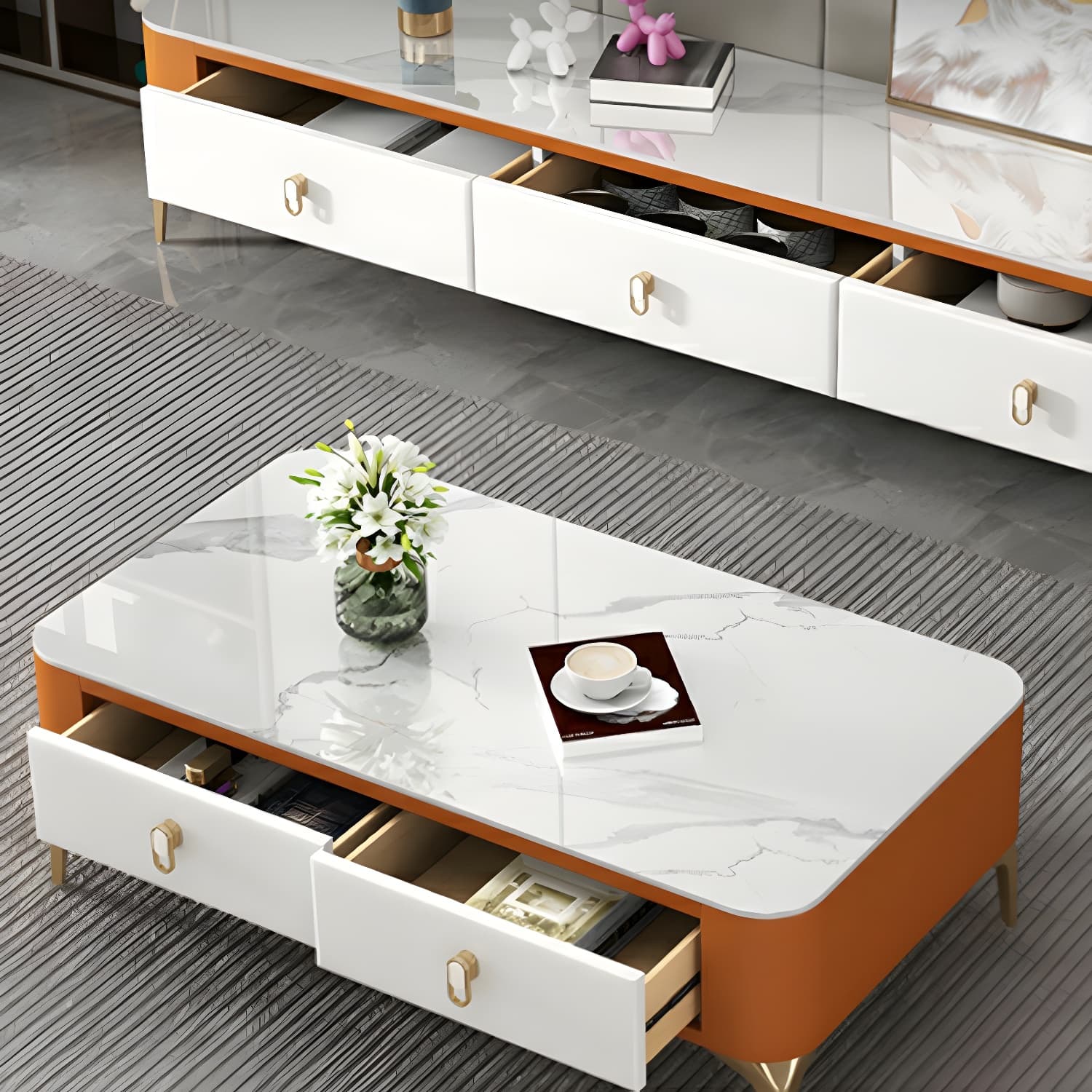 Modern Gold Metal Coffee Table with Stone Top and Built-In Storage Drawers - image 8