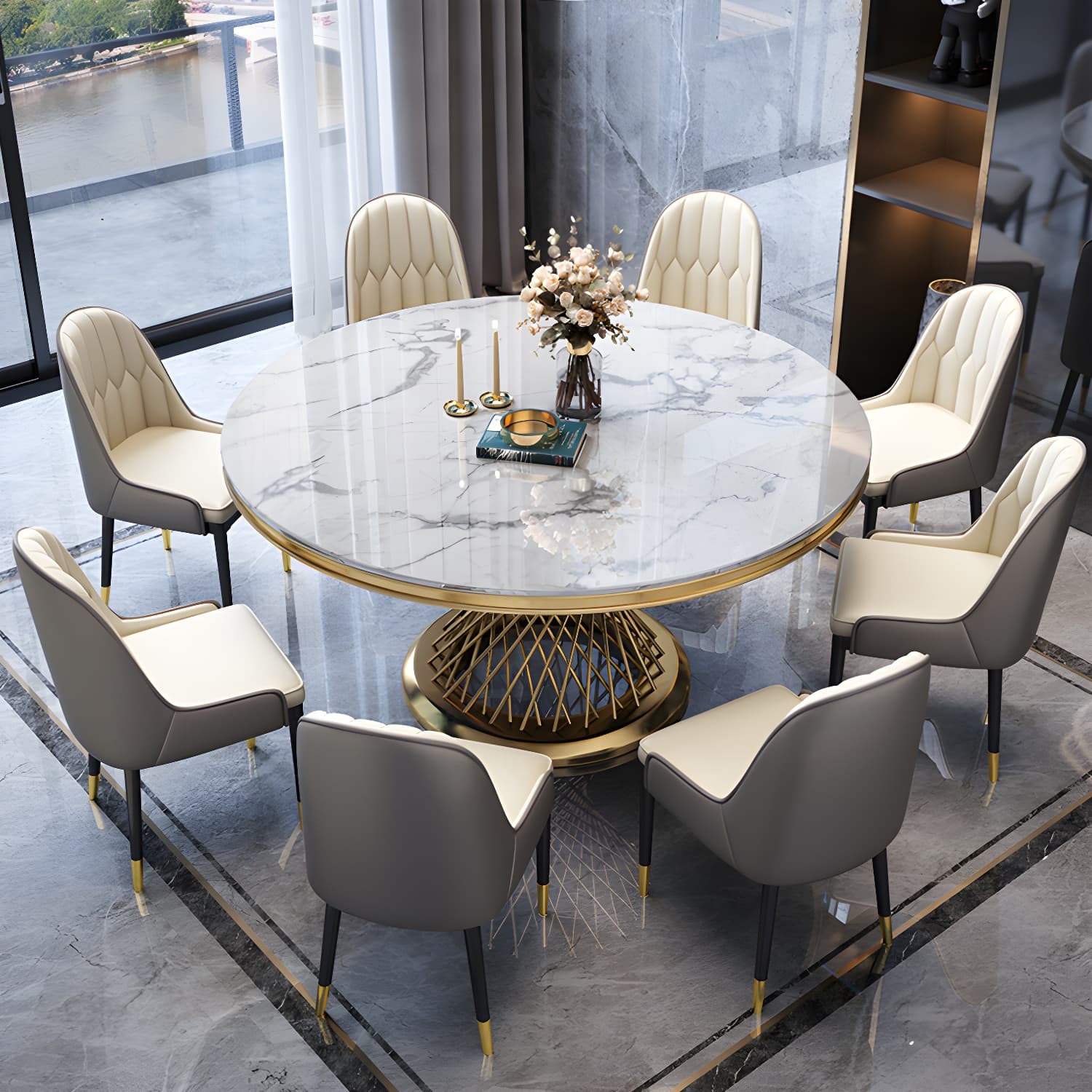 Round White Marble Modern Dining Table with Gold Steel Pedestal Base - image 4