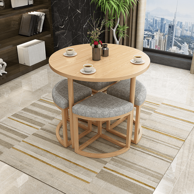 Reclaimed Wood Round Dining Table Set with Metal Toboggan Base and Upholstered Backless Chairs for 4 People - image 4