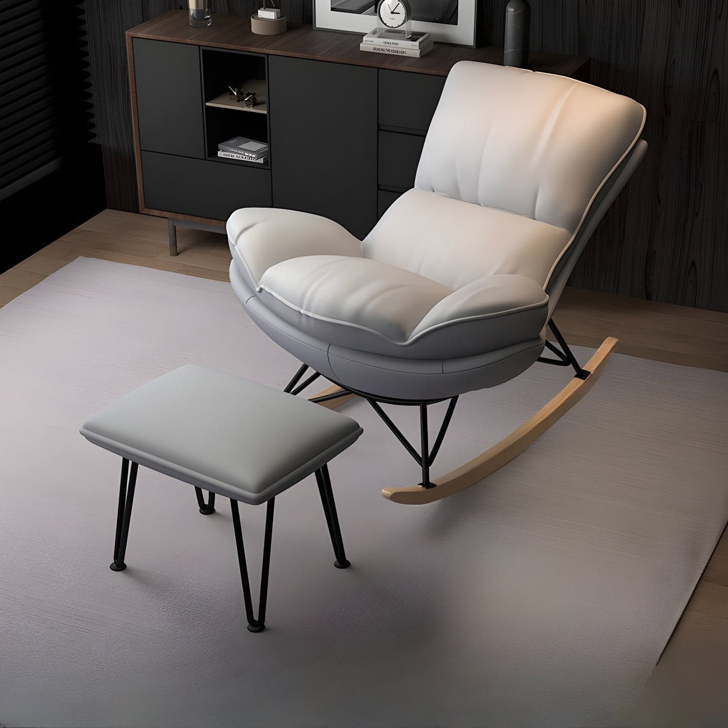 Stylish Upholstered Indoor Rocking Chair with Natural Wood Legs - image 4