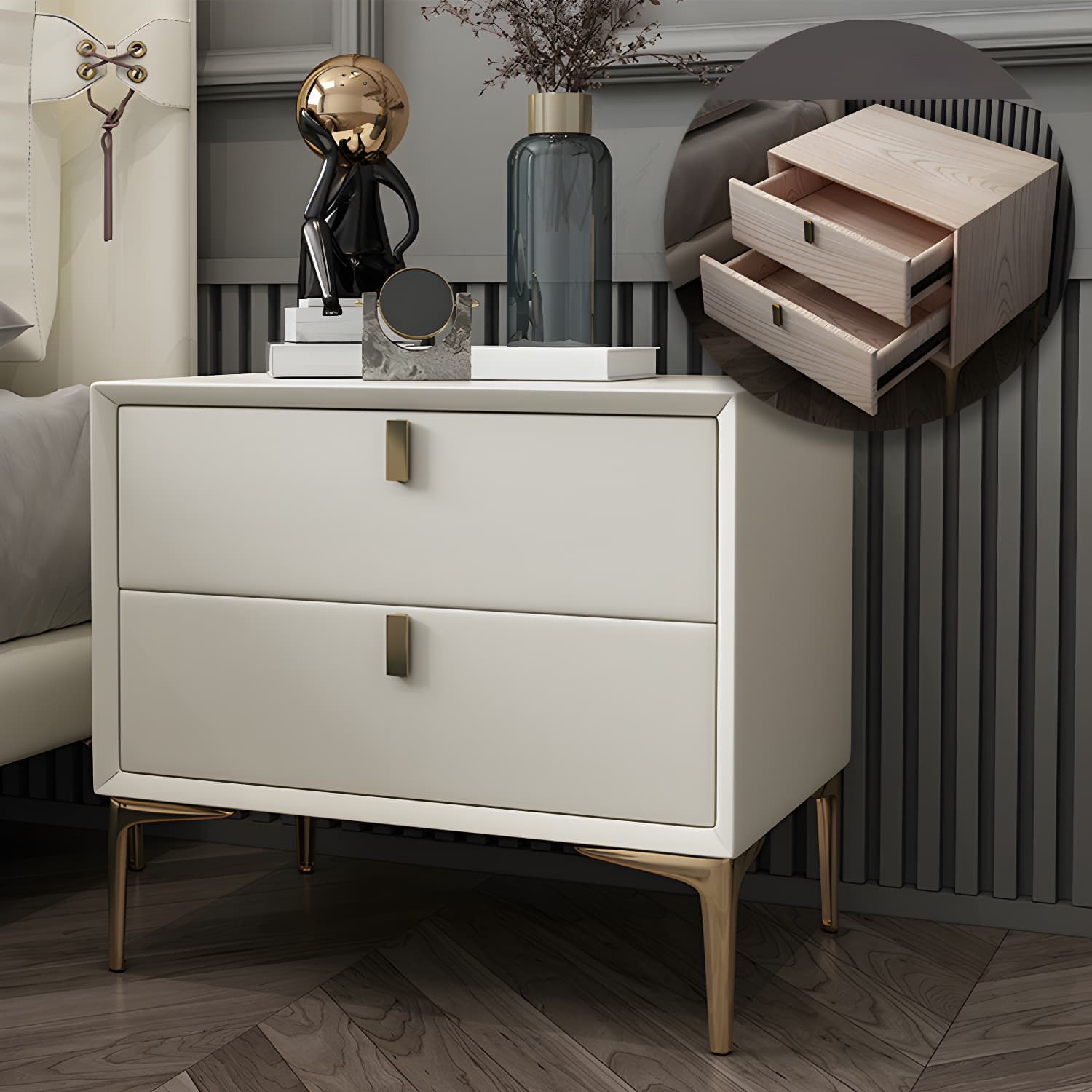 2 Drawer Solid Wood Modern Night Table Drawer Storage Bed Nightstand