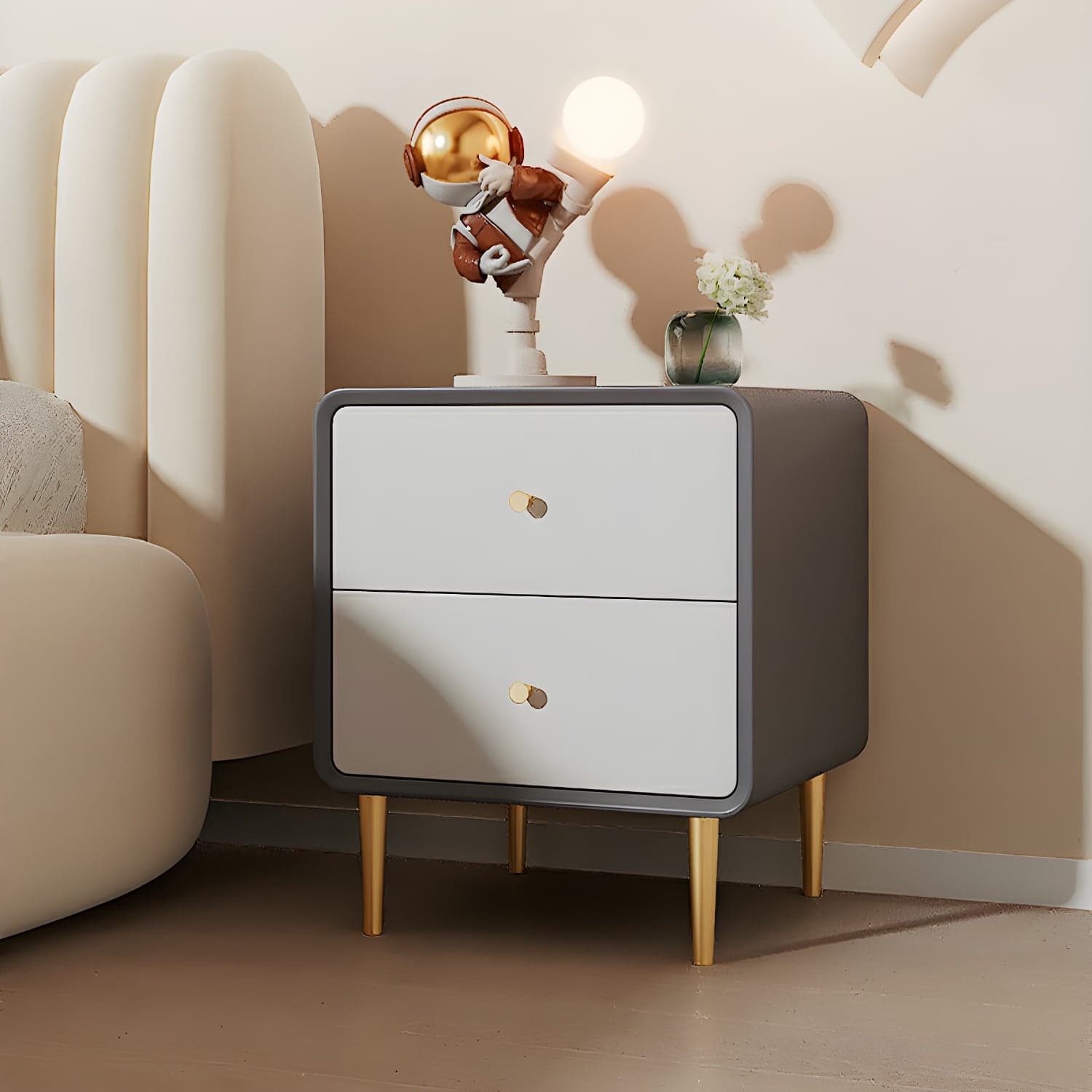 Glam Pine Wood Nightstand with Leather Countertop and 2 Drawers - Small Size - image 6