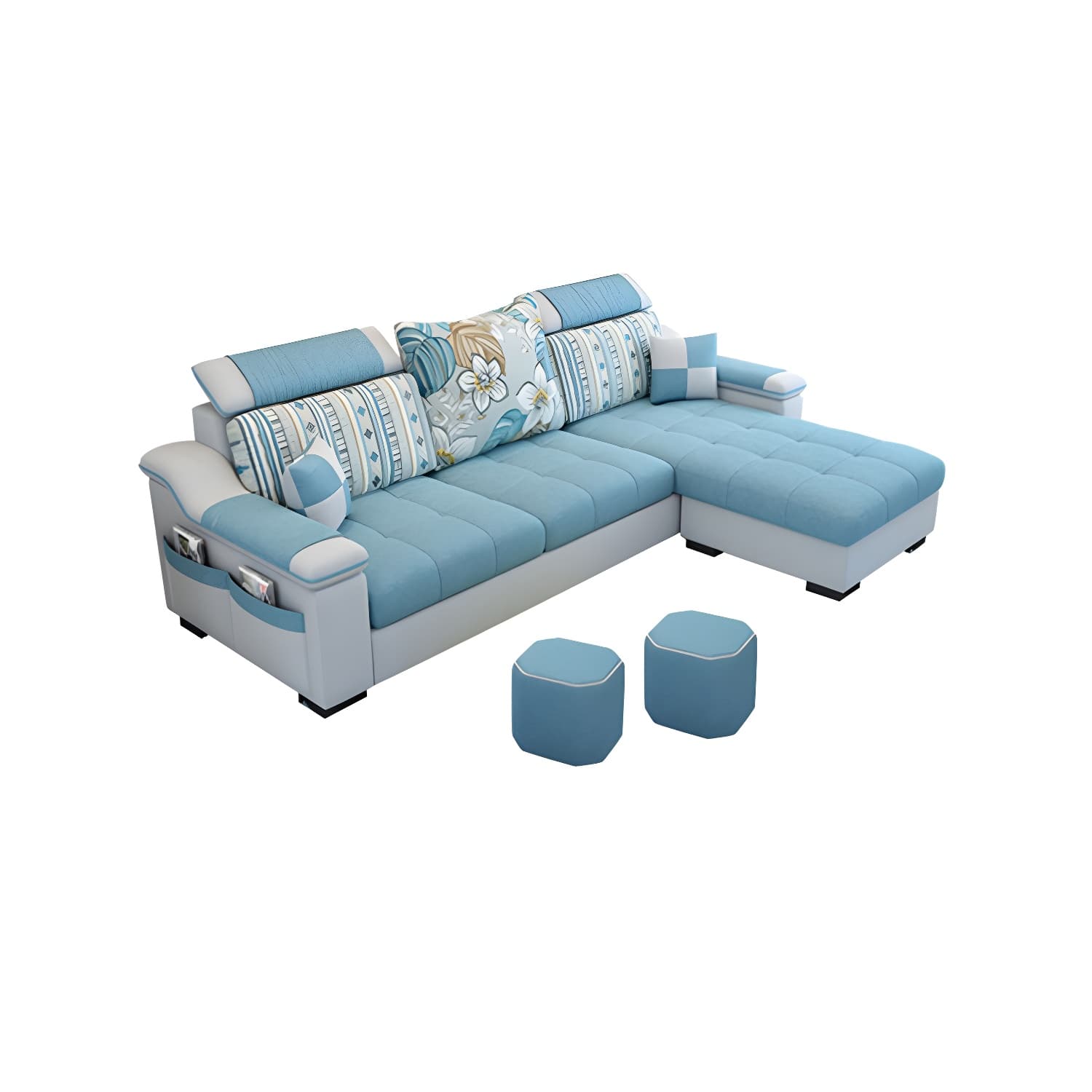 Modern Reversible Straight Sectional Sofa with Ottoman in Linen Upholstery, Sloped Arms