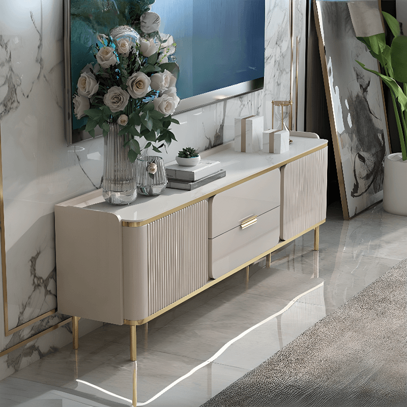 Chalk Art Deco Sintered Stone TV Stand for Sitting Room with 4/3 Drawers, 2 Cabinets, and Gate Doors