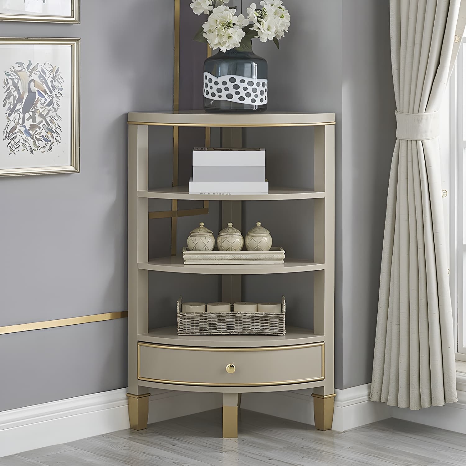Unique Gold Beech Wood Corner Accent Cabinet with 1 Drawer and Open Shelves